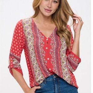 West Kei Red Printed V-Neck Button Front Blouse